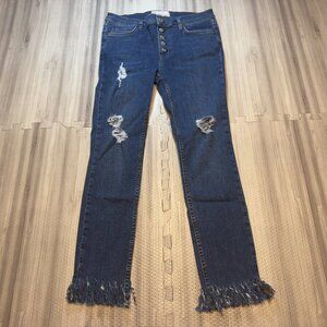 Free People Women's Button Fly Fray Mid Rise Distressed Jeans